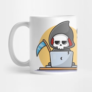 Cute Grim Reaper Operating Laptop Cartoon Vector Icon Illustration Mug